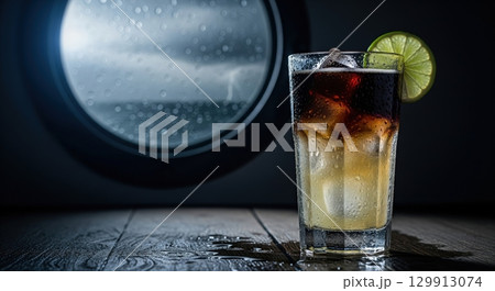 Delicious dark n stormy cocktail with a dark rum floater and lime on a ship during a storm 129913074