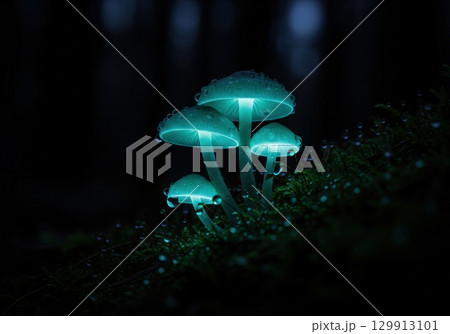 Bioluminescent mushrooms glowing in a dark forest at night with dew drops on moss 129913101