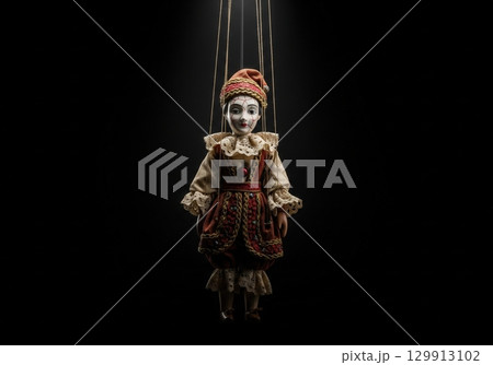 Creepy vintage marionette puppet with a cracked face hanging on strings in a dark spotlight 129913102