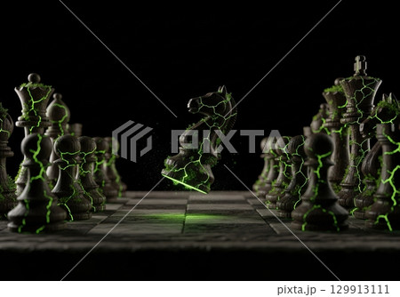 Fantasy chess knight making a move on a stone board with glowing green magical cracks Fantasy chess knight making a move on a stone board with glowing green magical cracks 129913111