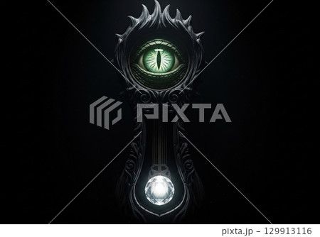 Fantasy grandfather clock with a dragon eye and a glowing diamond pendulum on a dark background 129913116