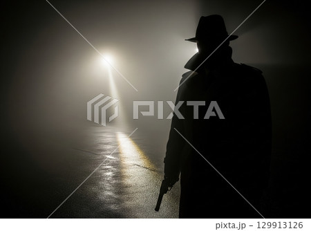 Mysterious detective in a trench coat holding a gun on a foggy street at night Mysterious detective in a trench coat holding a gun on a foggy street at night 129913126