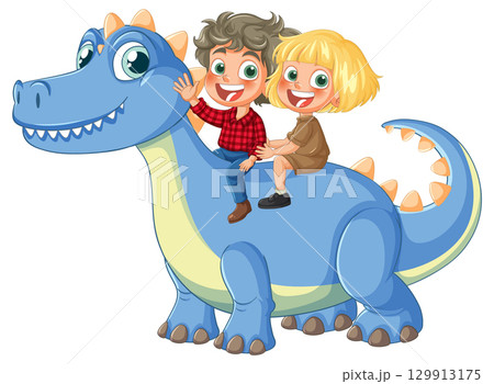Two Happy Children Riding a Friendly Blue Dinosaur Two Happy Children Riding a Friendly Blue Dinosaur 129913175