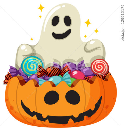 Smiling Ghost Rising from Pumpkin Candy Bowl 129913179