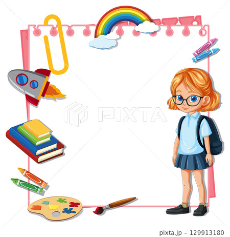 Schoolgirl with Backpack and Colorful School Supplies Frame 129913180