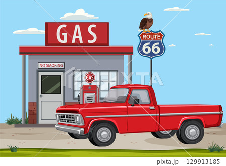 Retro Gas Station on Route 66 with Red Truck 129913185