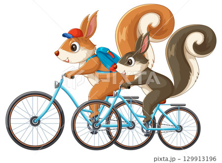 Two Cartoon Squirrels Riding Bicycles Side by Side 129913196