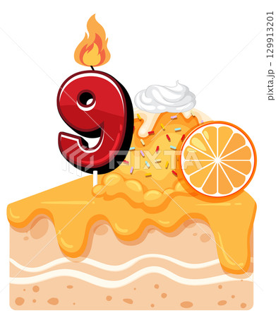 Ninth Birthday Cake Slice with Orange and Candle Ninth Birthday Cake Slice with Orange and Candle 129913201