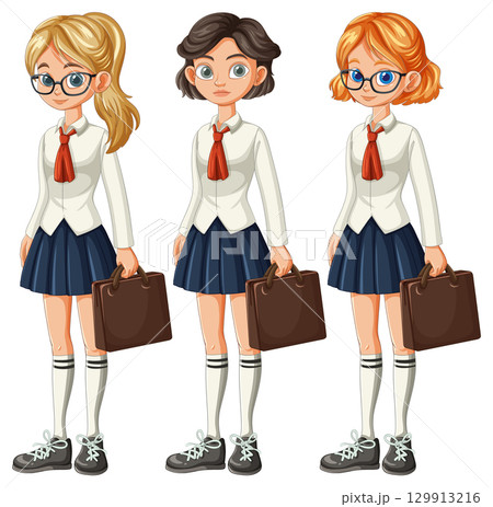 Three Schoolgirls in Uniform Holding Briefcases 129913216