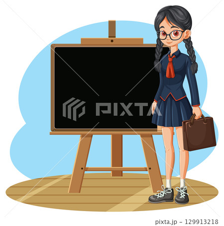 Schoolgirl With Briefcase Standing Beside Blackboard 129913218