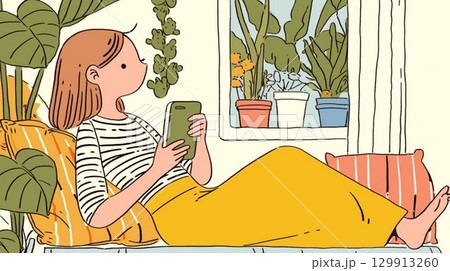 窓辺でスマホを眺める女性と観葉植物のイラスト 129913260