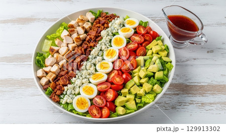 Classic cobb salad with chicken bacon egg avocado and blue cheese a healthy gourmet meal Classic cobb salad with chicken bacon egg avocado and blue cheese a healthy gourmet meal 129913302