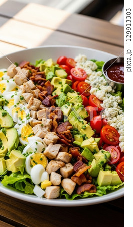 Classic cobb salad with chicken, bacon, egg, avocado, tomato, and blue cheese 129913303