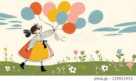 風船を持って草原を歩く女の子のイラスト 風船を持って草原を歩く女の子のイラスト 129913453