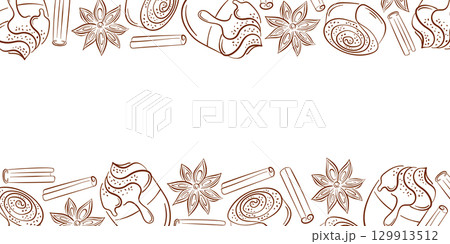 Horizontal frame made of cinnamon roll cupcake, star anise, coffee cup and sticks in line art style. Ideal for bakery packaging, recipe card, cafe menu and sweet dessert themed design. Horizontal frame made of cinnamon roll cupcake, star anise, coffee cup and sticks in line art style. Ideal for bakery packaging, recipe card, cafe menu and sweet dessert themed design. 129913512
