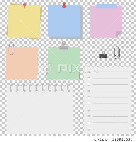 Illustrations of stationery such as sticky notes and notebooks Illustrations of stationery such as sticky notes and notebooks 129913539