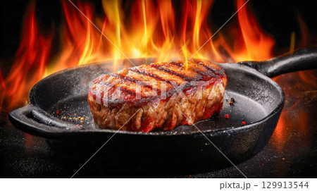 Juicy steak grilled on cast iron skillet with rising flames, hot cooking scene 129913544
