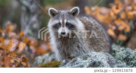 Raccoon in autumn forest with colorful foliage and lichen-covered rock. National Raccoon Day 129913878