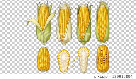 Set of sweetcorn fruit cartoon design. Set of sweetcorn fruit cartoon design. 129913894
