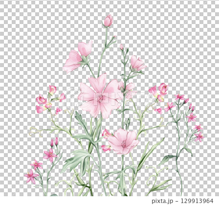 Watercolor floral composition Pink meadow flowers illustration - wildflowers bouquet set. Summer Marshmallow and Mouse Pea flowers. Greetings, wallpapers, fashion, wrapping. Hand drawn illustration. Watercolor floral composition Pink meadow flowers illustration - wildflowers bouquet set. Summer Marshmallow and Mouse Pea flowers. Greetings, wallpapers, fashion, wrapping. Hand drawn illustration. 129913964