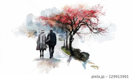 Elderly couple walking alongside tree with red leaves in watercolor art. Long Term Care Planning Month 129913991