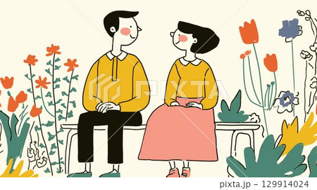 花に囲まれてベンチに座るカップルのイラスト 花に囲まれてベンチに座るカップルのイラスト 129914024
