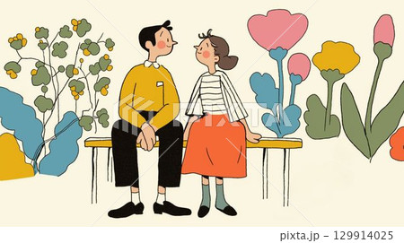 仲良くベンチに座るカップルのイラスト 129914025