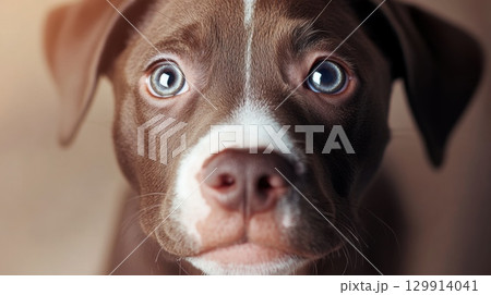 Close-up of adorable brown and white puppy with curious expression. Pitbull Awareness Month 129914041