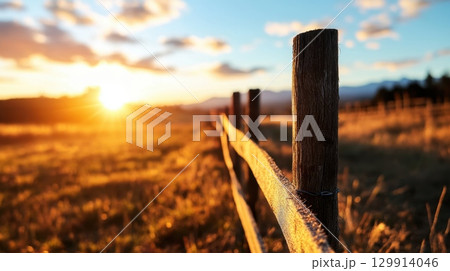 Sunset over rustic fence in tranquil countryside landscape. Hog Out Month Sunset over rustic fence in tranquil countryside landscape. Hog Out Month 129914046