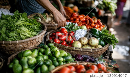 Fresh produce baskets at a vibrant outdoor market stall. Fair Trade Month Fresh produce baskets at a vibrant outdoor market stall. Fair Trade Month 129914047