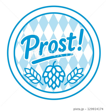Blue and white Oktoberfest badge with hop cone wheat and text prost on Bavarian diamond background in festive round design 129914174
