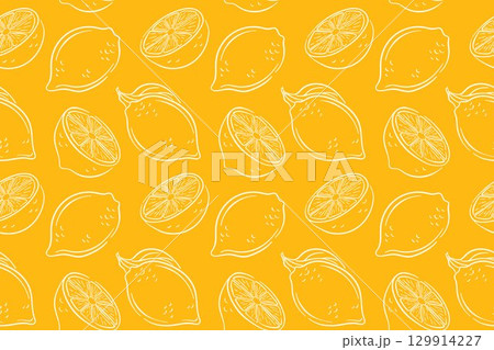 Seamless lemon pattern with whole and sliced lemon on yellow background in line art style. Perfect for summer package, kitchen wallpaper, textile and healthy food decor. 129914227