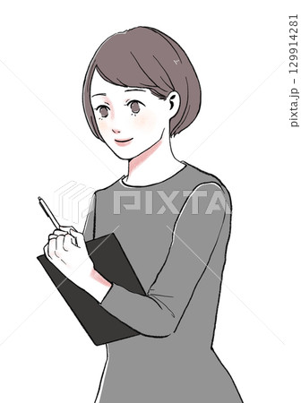 イラスト素材:メモを取る・女性 イラスト素材:メモを取る・女性 129914281