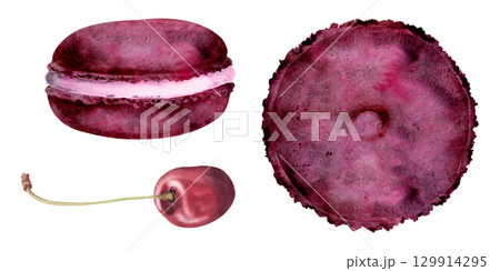 Macarons with mousse filling, marzipan cake pastry and sweet cherries in watercolor. Isolated hand drawn illustration. Posters, food blog icons, dessert packaging, paper goods, confectionery shop. 129914295