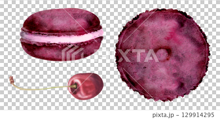 Macarons with mousse filling, marzipan cake pastry and sweet cherries in watercolor. Isolated hand drawn illustration. Posters, food blog icons, dessert packaging, paper goods, confectionery shop. 129914295
