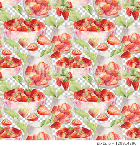 Strawberry with leaves in glass bowls,full and cut in half hand drawn in watercolor, scattered ripe picked berry harvest. Isolated seamless pattern. Dessert cafe menu, textile, craft farmers market 129914296