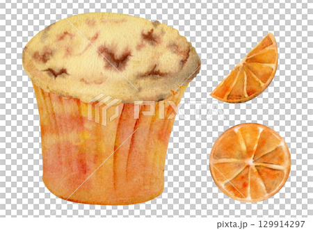 Cupcake muffin pastry, sponge cake in paper wrapper cup with candied orange slice, hand drawn in watercolor. Citrus menu, recipe cards, party menu layouts, food festival invitation cards and flyers. Cupcake muffin pastry, sponge cake in paper wrapper cup with candied orange slice, hand drawn in watercolor. Citrus menu, recipe cards, party menu layouts, food festival invitation cards and flyers. 129914297