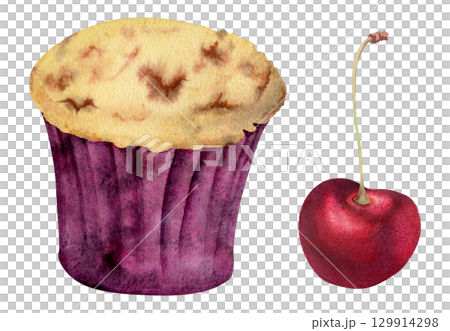 Watercolor cupcake in paper frilled holder, muffin in parchment wrapper with ripe cherry berry. Clipart for festive food labels, cafe and bistro dessert bundles, recipe visuals, bakery sticker packs. 129914298