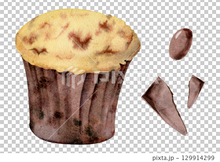 Watercolor cupcake in paper wrapper, homemade muffin in parchment cup with chocolate and cocoa chips, candy bonbon. Hand painted illustration for food packaging, dessert web graphics, bakery labels. Watercolor cupcake in paper wrapper, homemade muffin in parchment cup with chocolate and cocoa chips, candy bonbon. Hand painted illustration for food packaging, dessert web graphics, bakery labels. 129914299