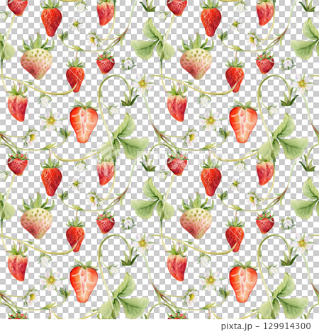 Strawberry berries leaves flowers hanging on vines tendrils creepers, ripe garden pineberry strasberry. Isolated hand drawn watercolor seamless pattern tile. Wallpaper, food packaging, textile cover 129914300