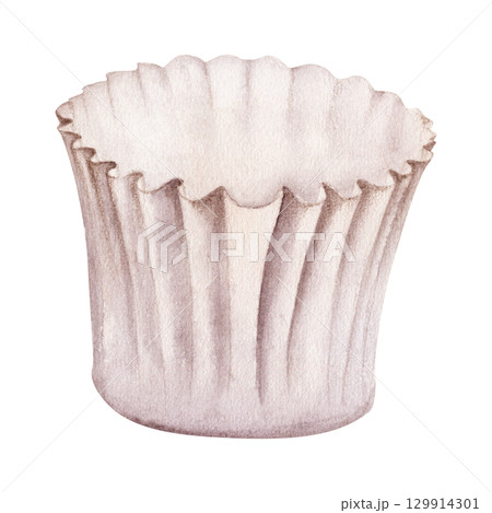 Cupcake paper liner, muffin wrapper, petit four cup, parchment tart shell, origami ramekin mold. Isolated illustration hand drawn in watercolor. Artisanal bakery packaging, stationery, scrapbooking 129914301