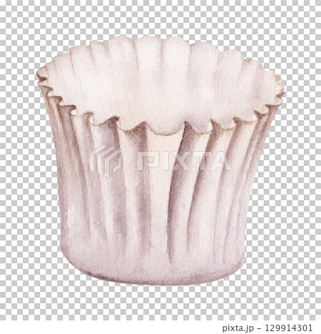 Cupcake paper liner, muffin wrapper, petit four cup, parchment tart shell, origami ramekin mold. Isolated illustration hand drawn in watercolor. Artisanal bakery packaging, stationery, scrapbooking Cupcake paper liner, muffin wrapper, petit four cup, parchment tart shell, origami ramekin mold. Isolated illustration hand drawn in watercolor. Artisanal bakery packaging, stationery, scrapbooking 129914301