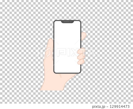 Illustration of a hand holding a smartphone with a white screen (for mockups and frames) 129914473