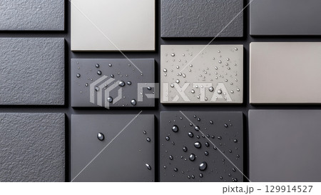 Modern ceramic tiles with water droplets in various textures and shades 129914527