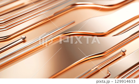 Smooth copper metallic surface with wavy patterns and reflections 129914633