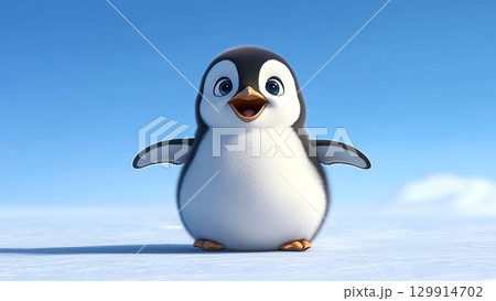 Cute baby penguin cartoon character happily standing on icy terrain Cute baby penguin cartoon character happily standing on icy terrain 129914702