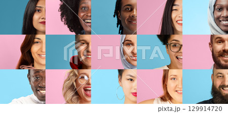 Collage of diverse people smiling with positive emotion on colorful backgrounds Collage of diverse people smiling with positive emotion on colorful backgrounds 129914720