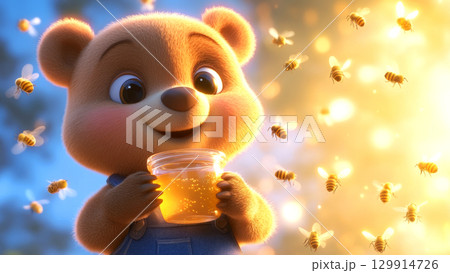 Adorable bear cartoon character holding honey surrounded by flying bees in warm sunlight Adorable bear cartoon character holding honey surrounded by flying bees in warm sunlight 129914726