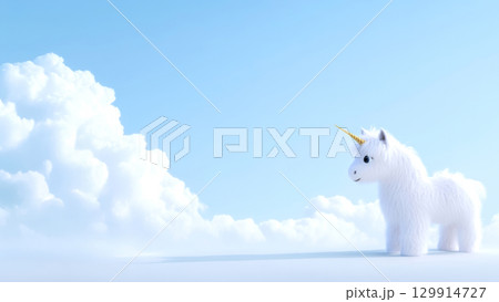 Cute fluffy unicorn gazing into a bright blue sky 129914727