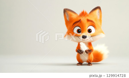Adorable orange fox cartoon character with big eyes holding a feather 129914728